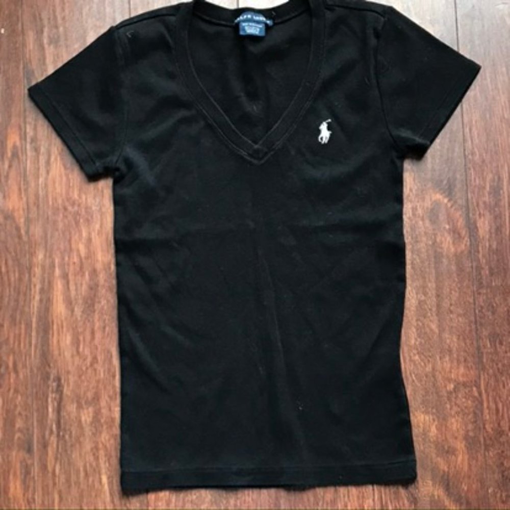 Polo Ralph Lauren 100%Cotton Black Logo V-Neck Tee